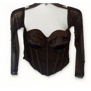 Windsor Womens Black Sheer Sleeve Beaded Corset Top Sz M NEW Goth Whimsigoth
